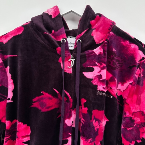 Juicy Couture Velour Track Jacket Size XL Hooded Floral Coquette Streetwear Boho - Picture 4 of 15